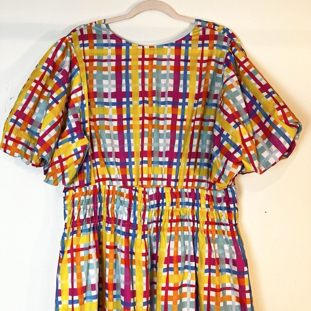 Plaid Midi Dress Colorful Stretch Smocked Waist Pink Yellow Blue NWT Sz 3X - Picture 6 of 16